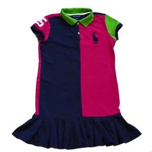 Ralph Lauren Girls Big Pony Polo Dress Colorblock Navy Pink Green Pleated M 8-10